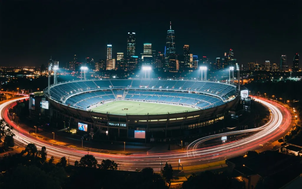 夜色中的大型球场与城市天际线，交通灯带形成动线，象征决赛承载力与商业能量